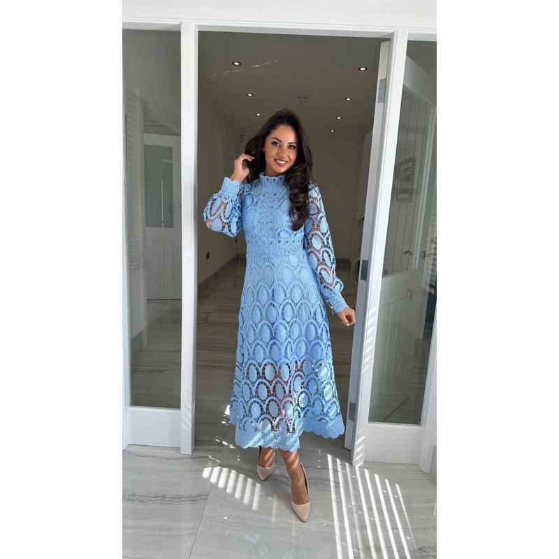 

2025 Autumn Women s New French style Lace Stand Collar Puff sleeve Waist Hugging Slimming Dress Temperament European and American Long dress Sky Blue L