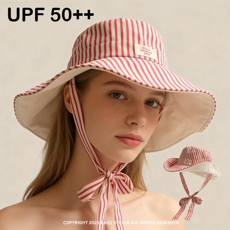 Freedom Outdoors Women's Coffee Korean Ins Striped Big Brim Beach Sun Hats For Summer Travel Sunscreen Fashion Strap Wide Bucket Hat Fisherman Hat 55-58Cm