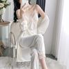 Golden Velvet Pajamas Women's Autumn and Winter Senior Sense with Chest Pads Three-piece Set, Spring and Autumn Sexy Lace Suspender Nightgown Set