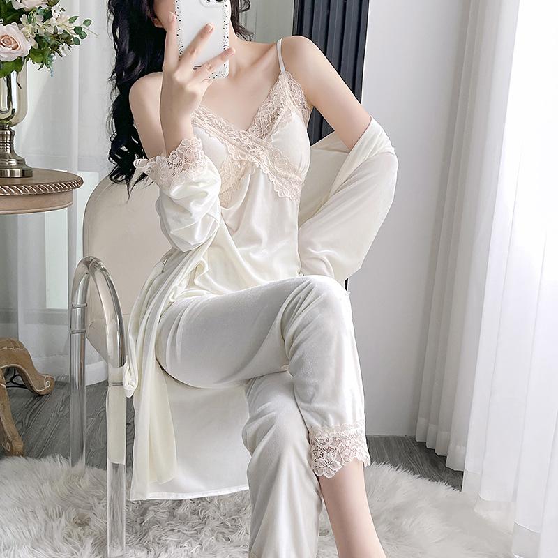 Golden Velvet Pajamas Women's Autumn and Winter Senior Sense with Chest Pads Three-piece Set, Spring and Autumn Sexy Lace Suspender Nightgown Set