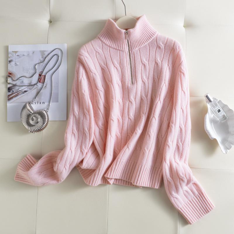2025 Puyuan Autumn/Winter Wool Cable Knit Stand Collar Zip-Up Sweater for Women - Soft Texture