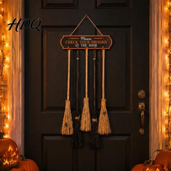 Seasonal Yard Sign Decor Halloween Broom Parking Sign Check Your Brooms Wooden Wall Hanging Witch Themed Door with Hooks for Indoor Outdoor