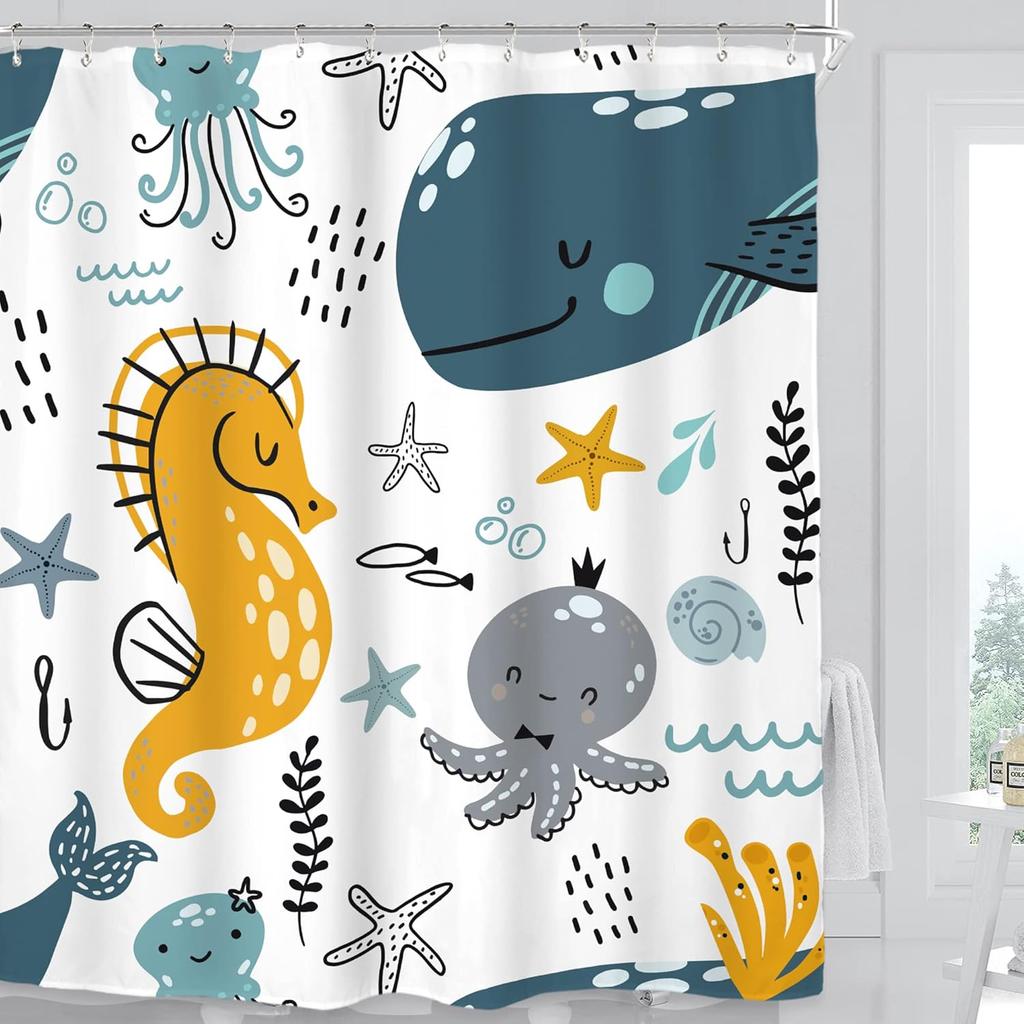 Cartoon Shower Curtain Ocean Animals Blue Whale Tropical Fish Lion Plantes Kids Bathroom Decor Polyester Bath Curtain with Hooks