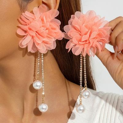 Grandi Orecchini Fiore in Tessuto Boho Orecchini Pendenti con Perle Finte Orecchini Lunghi con Frange di Strass per Feste Vacanze Spiaggia