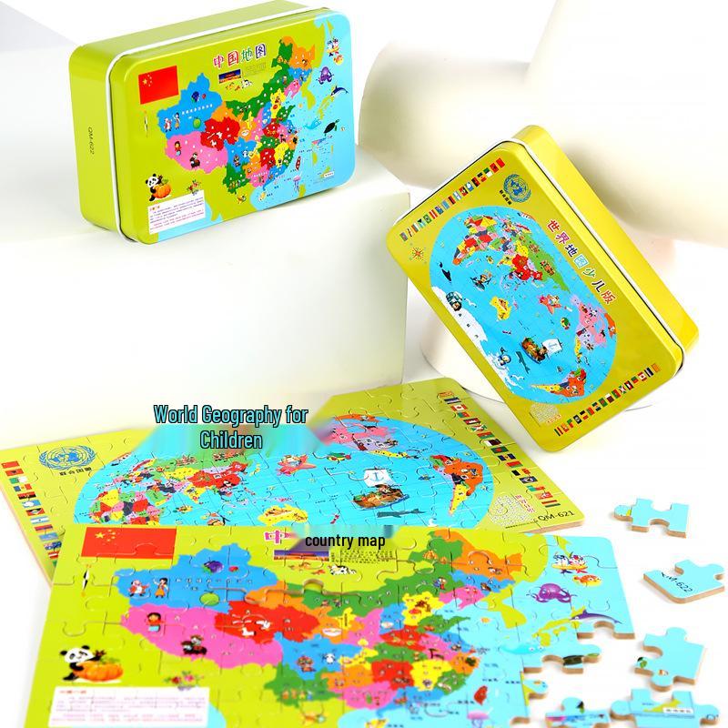 Magnetic Wooden World Map Puzzle in Tin Box: 3D Educational Toy for Kids