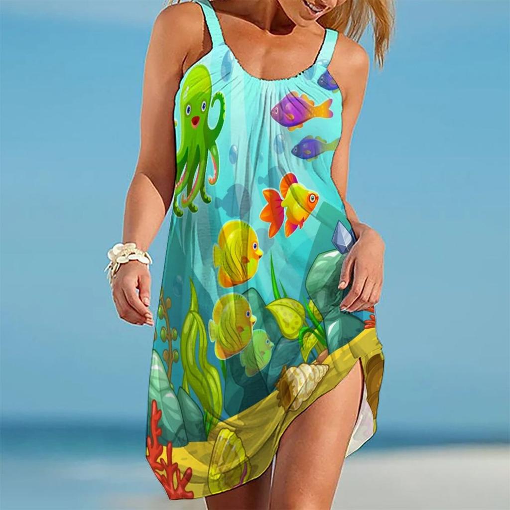 Summer New 3D Printed Suspender with Marine Creature Pattern Dress, Shawl Knee Length Bohemian Sexy Sand Dress