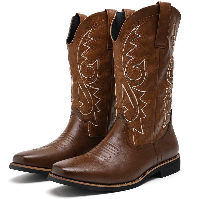 Men's Size 48 Leather High-Top Boots - Retro Cowboy Style for Spring, Autumn, and Winter
