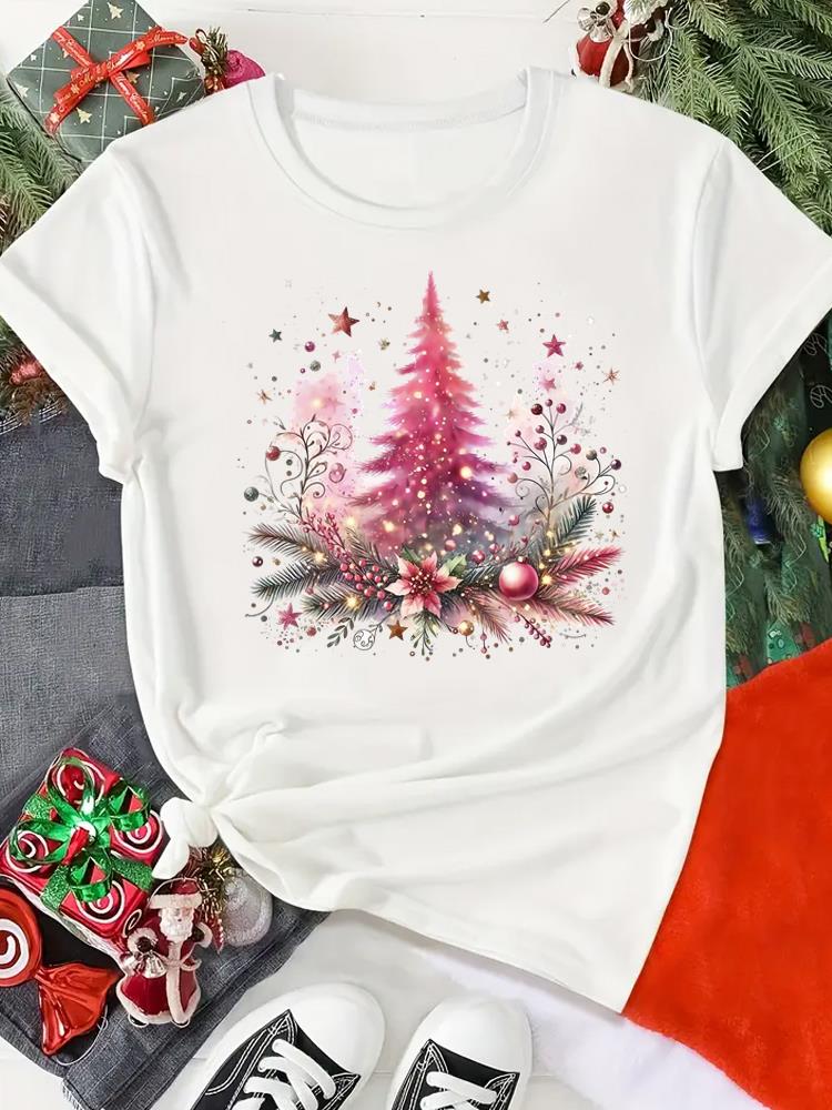 (Asian Size) Print merry Christmas o-neck Women's Top new year T Clothing tree lovely style cute Short Sleeve T-shirts Fashion holiday Graphic Tee