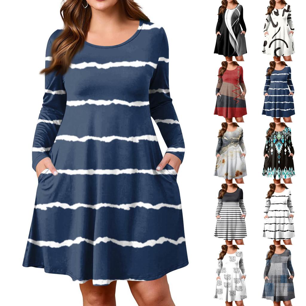 Plus Size Women's Gradient Print Casual Spring/Autumn Pocket Round Neck Long Sleeve Dress