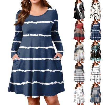Vestido Casual de Manga Comprida com Estampa Gradiente para Mulheres Plus Size, com Bolso, Decote Redondo, Primavera/Outono