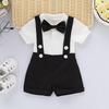 Mini Roupa de Cavalheiro para Bebê Menino Recém-nascido Fantasias Formais Camisa de Manga Curta com Laço + Macacão Curto Moda de Verão Conjunto de 2 Peças