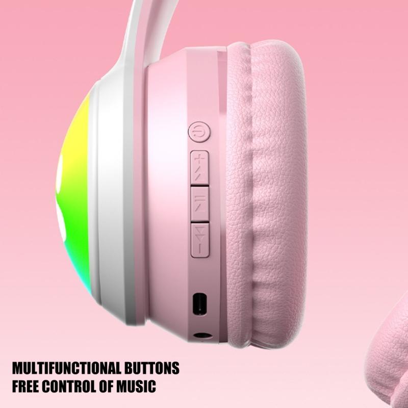 Active Noise Cancelling Wireless Bluetooth-compatible Cats  Ear Headphones Led Foldable Earphones TF Card Support