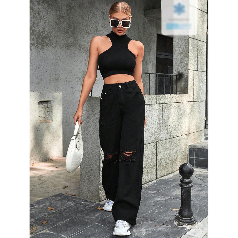Printed Denim Jeans, Loose Fit, Versatile Wide,leg Pants S