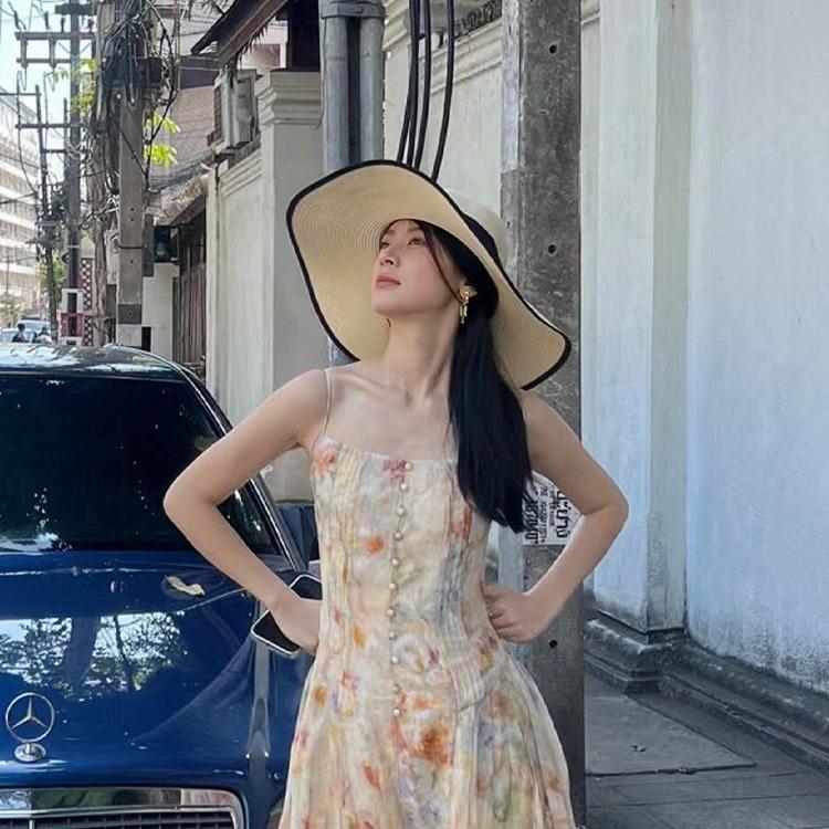 Straw hat women's sun protection summer oversized brim sunshade beach hat vacation foldable streamer bow hat women