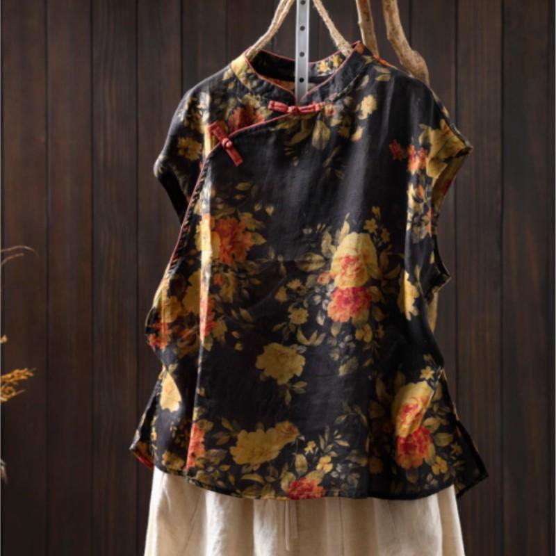 

Johnature Женские рубашки в китайском стиле с цветочным принтом, воротник-стойка, без рукавов, на пуговицах, летние блузки, винтажные женские рубашки One Size