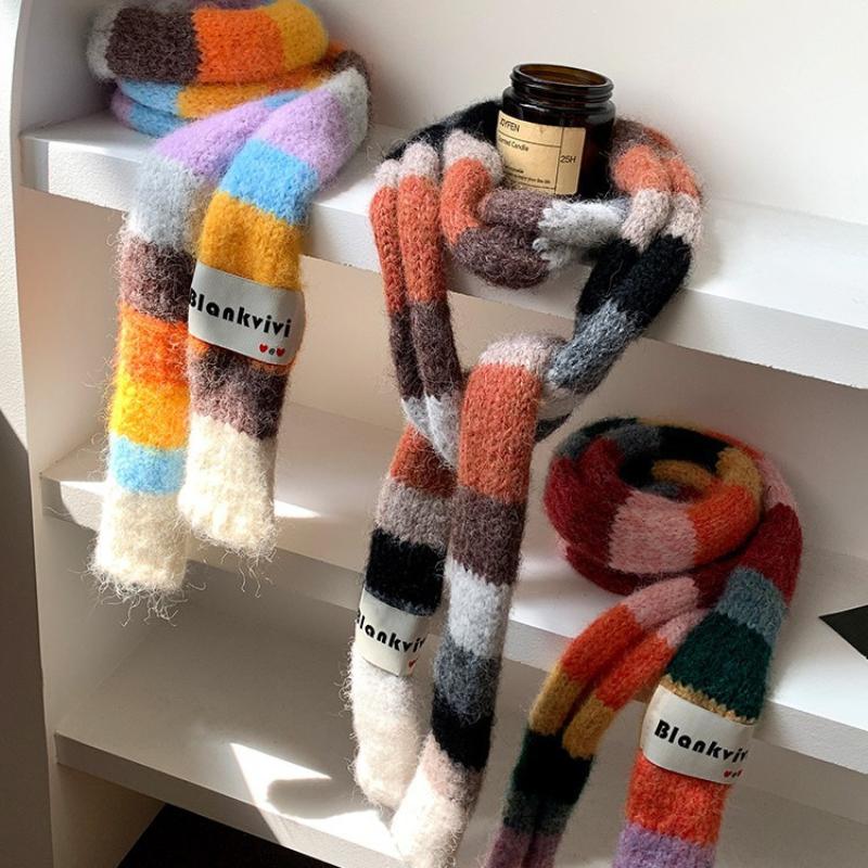 Women's Thin Narrow Long Colorful Striped Scarf Autumn And Winter New Design Hot Girl All-Match Decorative Scarf
