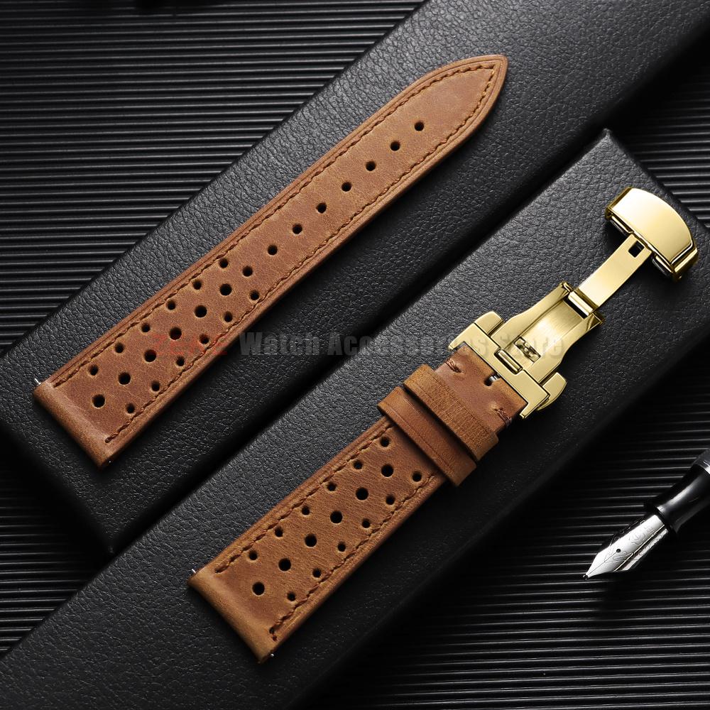 Quick Release Vintage Leather Watch Strap Stitching Cowhide Band for Omega 18/19/20/21/22/24mm Deployment Clasp Wrist Bracelet