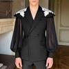Men Lapel Neck Long Sleeve Crochets Mesh Splicing Court Style Casual Loose Shirts