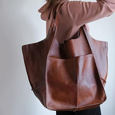Retro Minimalist Tote Bag Large Capacity Shopping Bag Fashion PU Leather Soft Leather Shoulder Bag