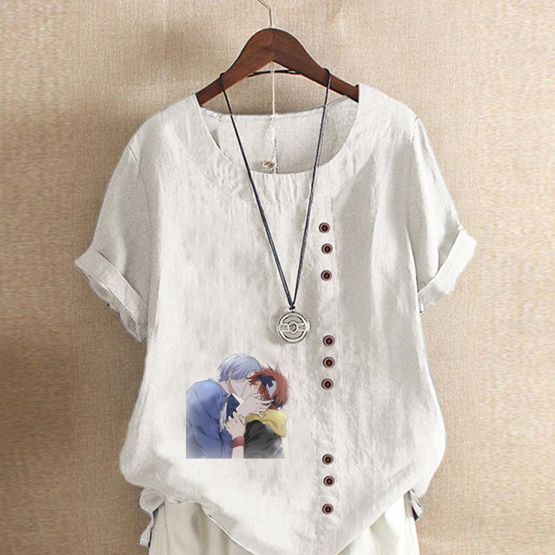 Moda Donna Maglietta Manica Corta Girocollo Stampata Coppia Carina Casual Cotone Lino Maglietta Grafica Tempo Libero Ampia Blusa Estiva Top