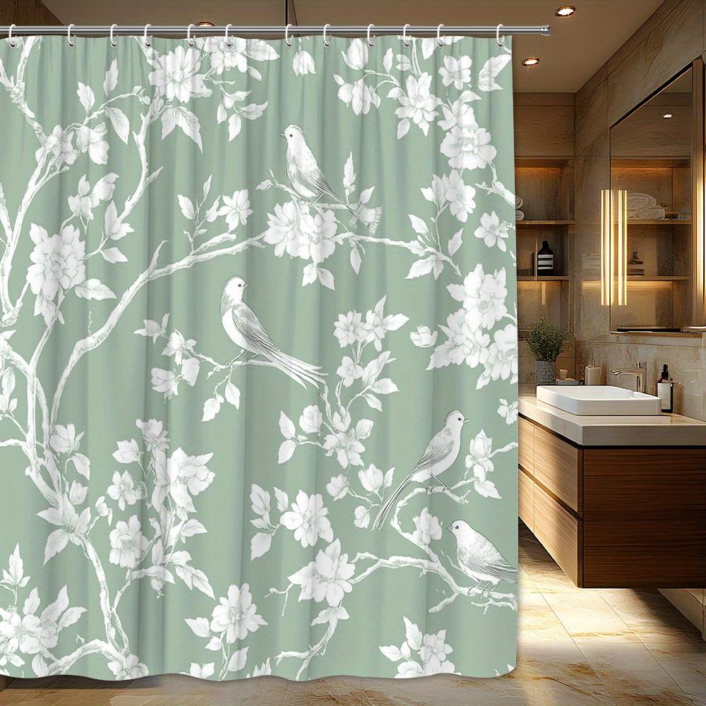 

Elegant Vintage Botanical & Bird Shower Curtain - Sage Green with White Birds and Hand-Drawn Branches, Polyester Fabric, 180.0 150x180cm