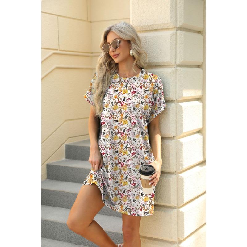 YYFS Damenmode Sommer Frühling Blumenmuster Druck Kurzarm O-Ausschnitt Lose Taille Freizeitkleider