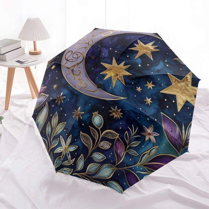 Starry Night Moon and Stars Decorative PlateUmbrella with Cute Design, Portable 3-Fold Compact Umbrella for Men & Women, Valentine's Day Mother's Day