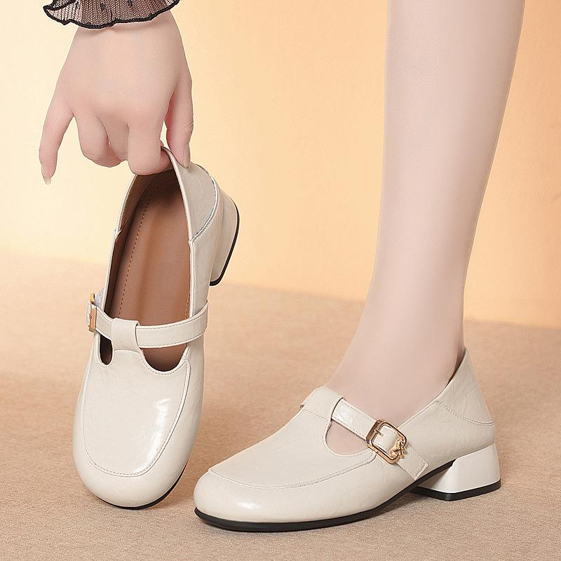 3cm All Match T Buckle Shallow Soft Leather Shoes Mary Janes Fall 2025 Women's Square Heels Shoes for Office Mom Work Daily