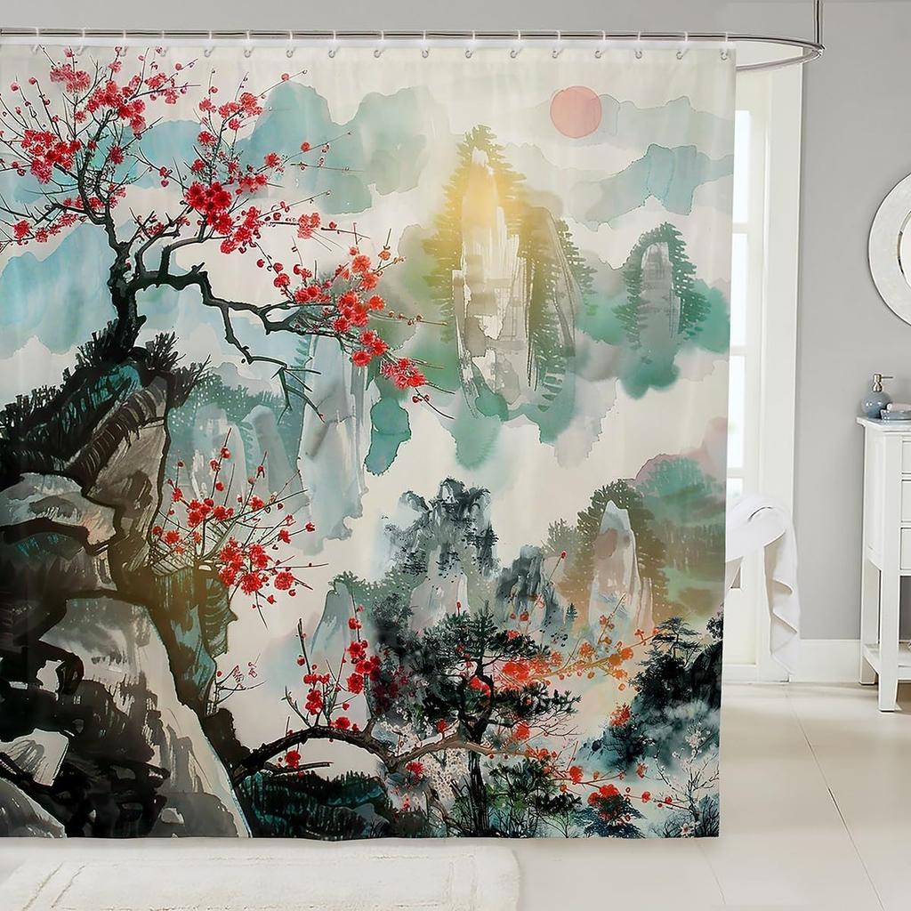 Japanese Wave Shower Curtain Kids Cherry Blossoms Bathroom Shower Curtain Set For Boys Girls Japanese Ukiyoe Theme Home Decor