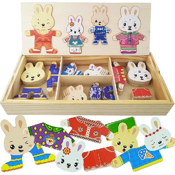 Wooden Bear Family Dress-up Puzzle Box for Toddlers(72pcs),Change Clothes Puzzle Games, Preschool Learning Activities Toys for Kids Ages 3+ Bunny