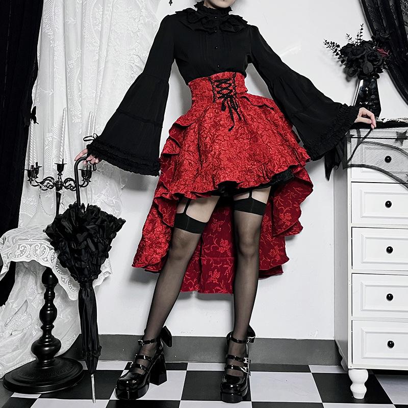Damen Lolita-Stil Hohe Taille Geraffte Taille Schlepprock Jacquard Bandage Rock Rot Kurzrock