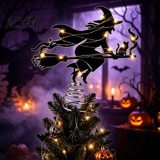Iron Art Tree Topper Halloween Witch Topper, with LED Lights, Black Window Hanging Ornaments Silhouette Ornament, for Christmas And Holiday