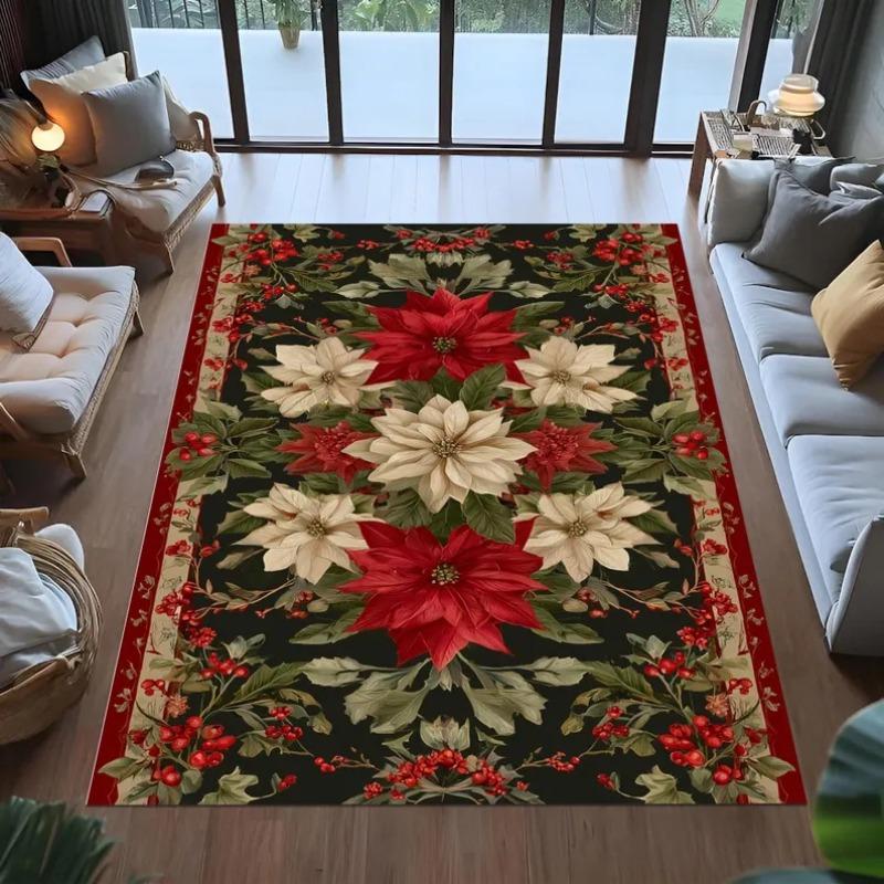 Christmas Poinsettia Rug,red Cream Floral Holiday Rug,christmas Rug,vintage Festive Decor Rug,winter Living Room Rug,xmas Rug