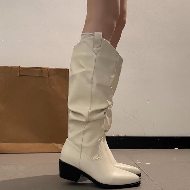 Winter Cosy Soft Leather Pleated Women Western Cowboy Boots Fashion Thick Heels Party Shoes British Style Long Booties Shoes