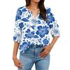 Women’s Casual Floral Print Henley Neck 3/4 Sleeve Cotton Linen Shirt with Button Front Loose Fit Blouse for Spring Summer Wear