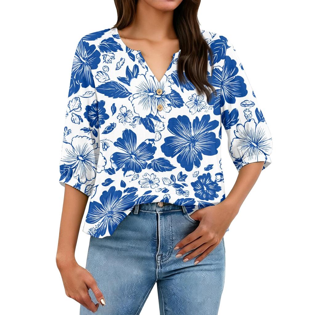 Women’s Casual Floral Print Henley Neck 3/4 Sleeve Cotton Linen Shirt with Button Front Loose Fit Blouse for Spring Summer Wear