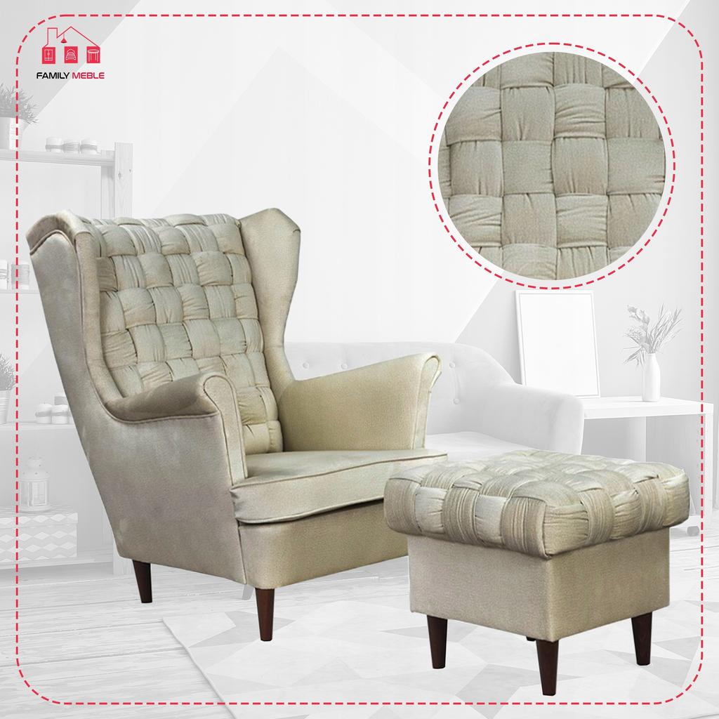 Fotel uszak Carol z podnóżkiem skandynawski Family Meble jasny beżowy