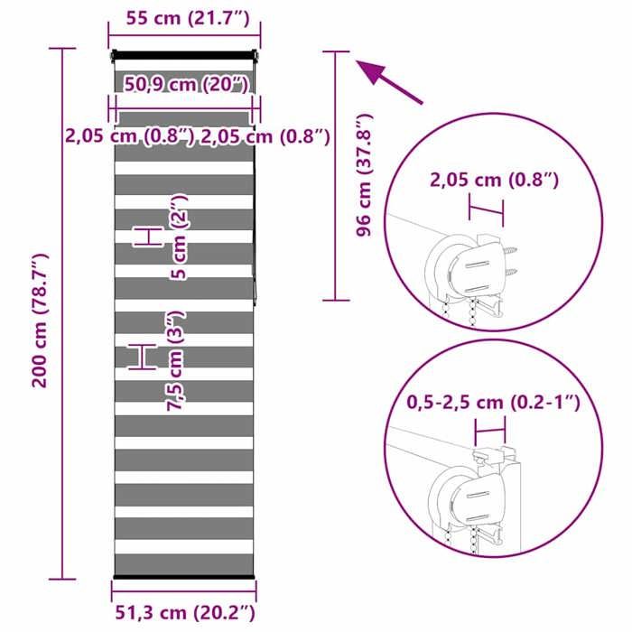 VidaXL Store zèbre gris clair largeur du tissu 50,9 cm polyester, store à enrouleur zébré, store zébré pour fenêtre, store 4014460