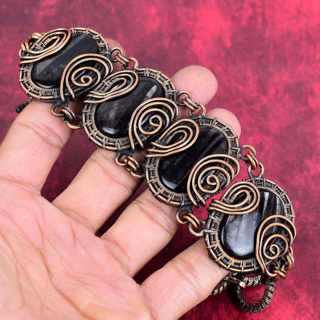 Pulseira de Hiperstena pulseira de pedra preciosa enrolada em fio de cobre joias de cobre únicas pulseira com corrente ajustável joias de cobre feitas à mão com enrolamento de fio