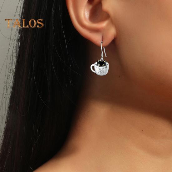 Women Necklace Hook Earrings Black Cat in Cup Shape Adjustable Necklace Birthday Anniversary Gift Alloy Neck Ear Jewelry for Daily Wear Parties