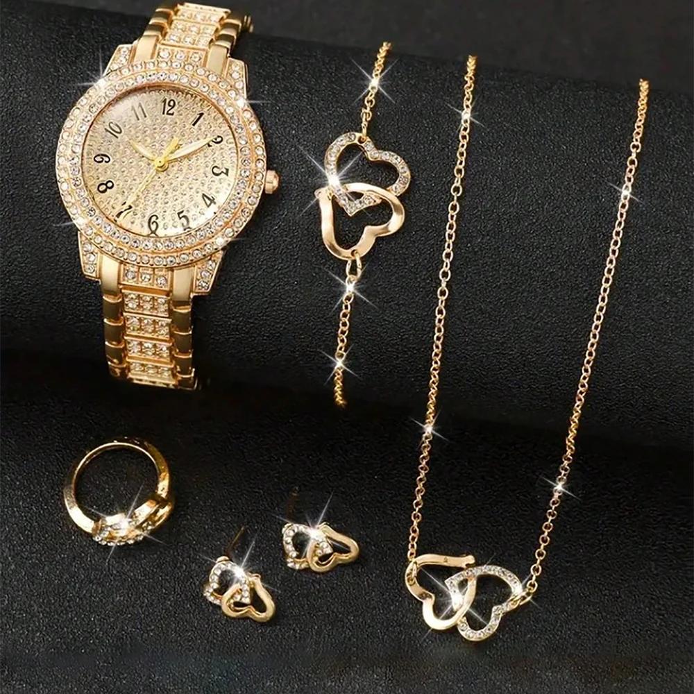 6PCS/Set Luxury Women Gold Watch Fashion Ladies Quartz Diamond Wristwatch Elegant Female Bracelet Watches Set Reloj Mujer