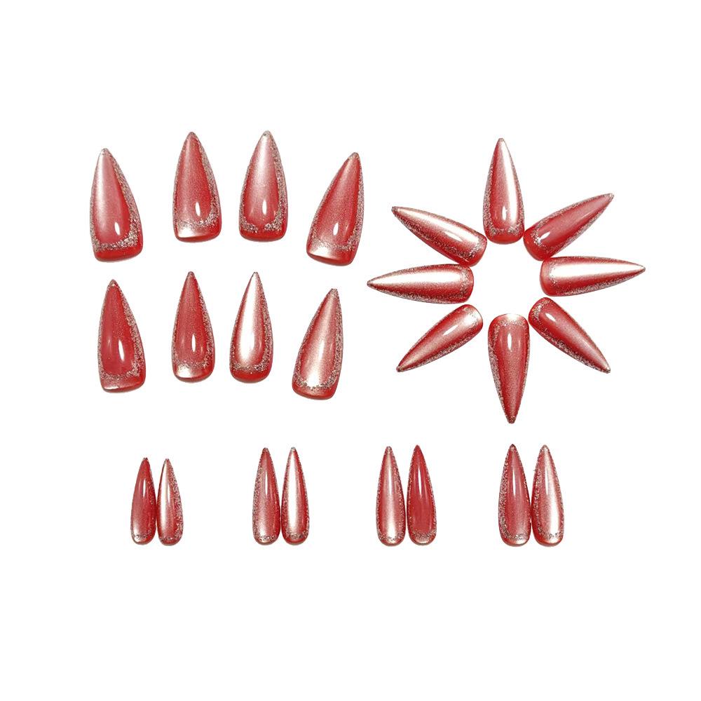 Almond-Shaped Wine Red Cat Eye Press-On Nails - 24-Piece Set