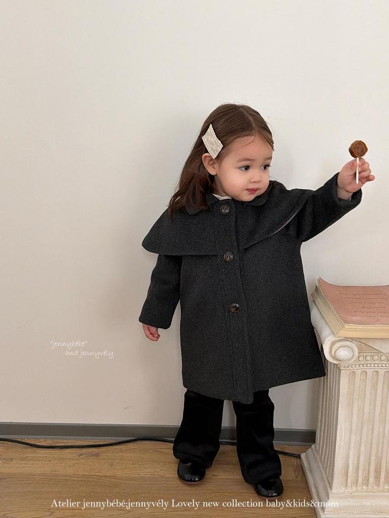 Jennybebe Girls' Elegant Woolen Winter Coat - Korean & British Style Shawl Design