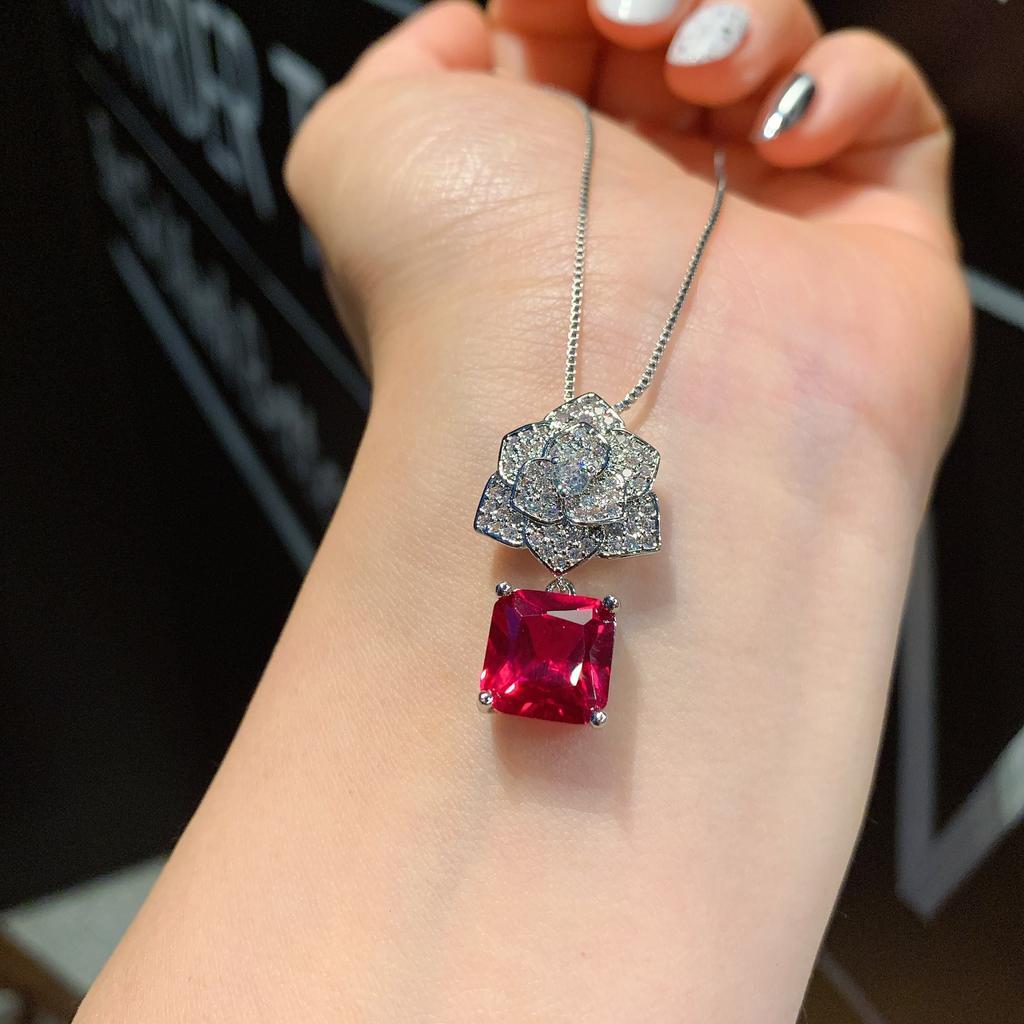 Jewelry Simulation Red Glass Necklace Stud Earrings Set Flower-Shaped Creative Full Diamond Luxury Set 10 * 10