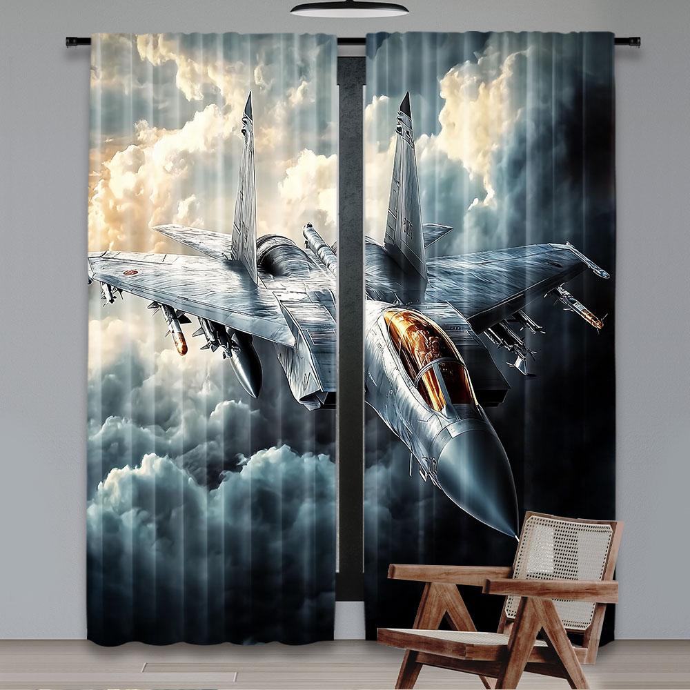 2Pcs Aircraft Curtains Military Airplane Retro Sky Cloud Curtain Flying Plane Curtain For Bedroom Living Room And Dining Room A