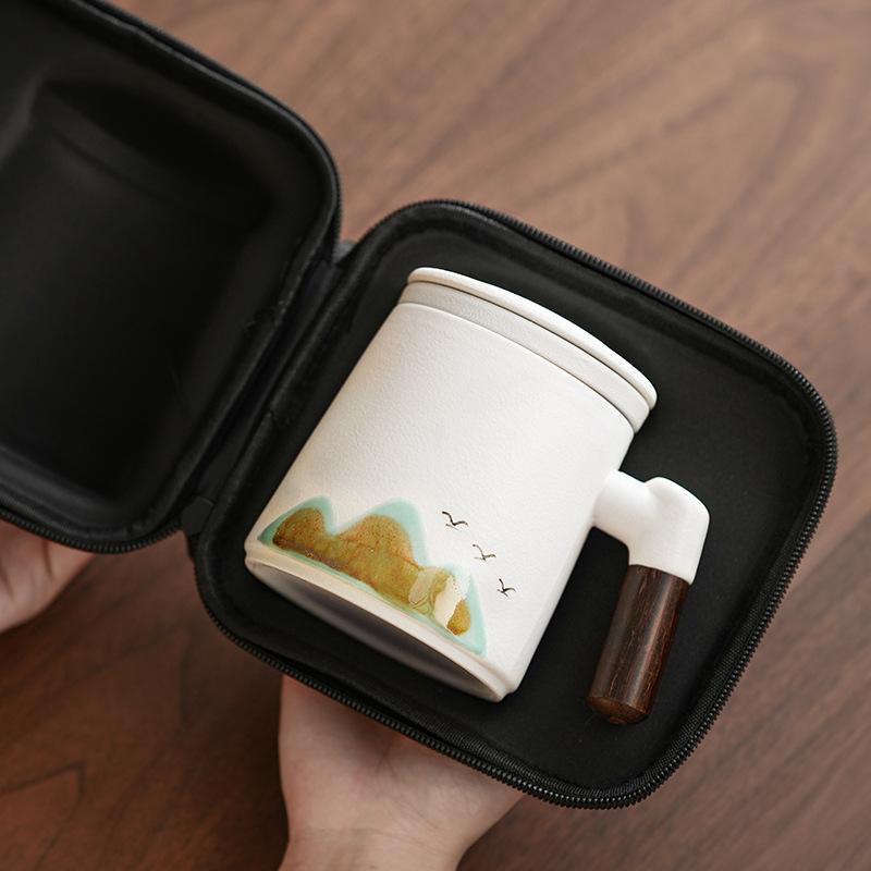 Company Business Coarse Pottery Qingshan Flying Bird Teacup Set Ceramic Office Cup Annual Meeting Gift Practical High-end Souvenir