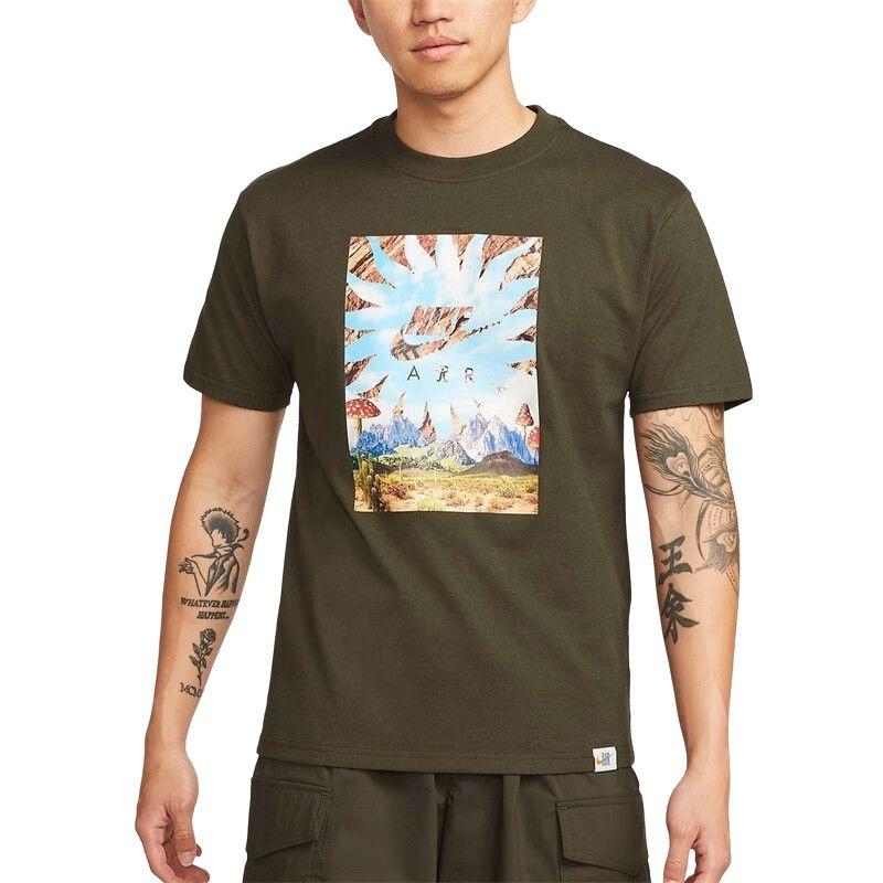 Men s Nike Landscape Logo Printing Round Neck Casual Short Sleeve Green T-Shirt DQ1020-355 S