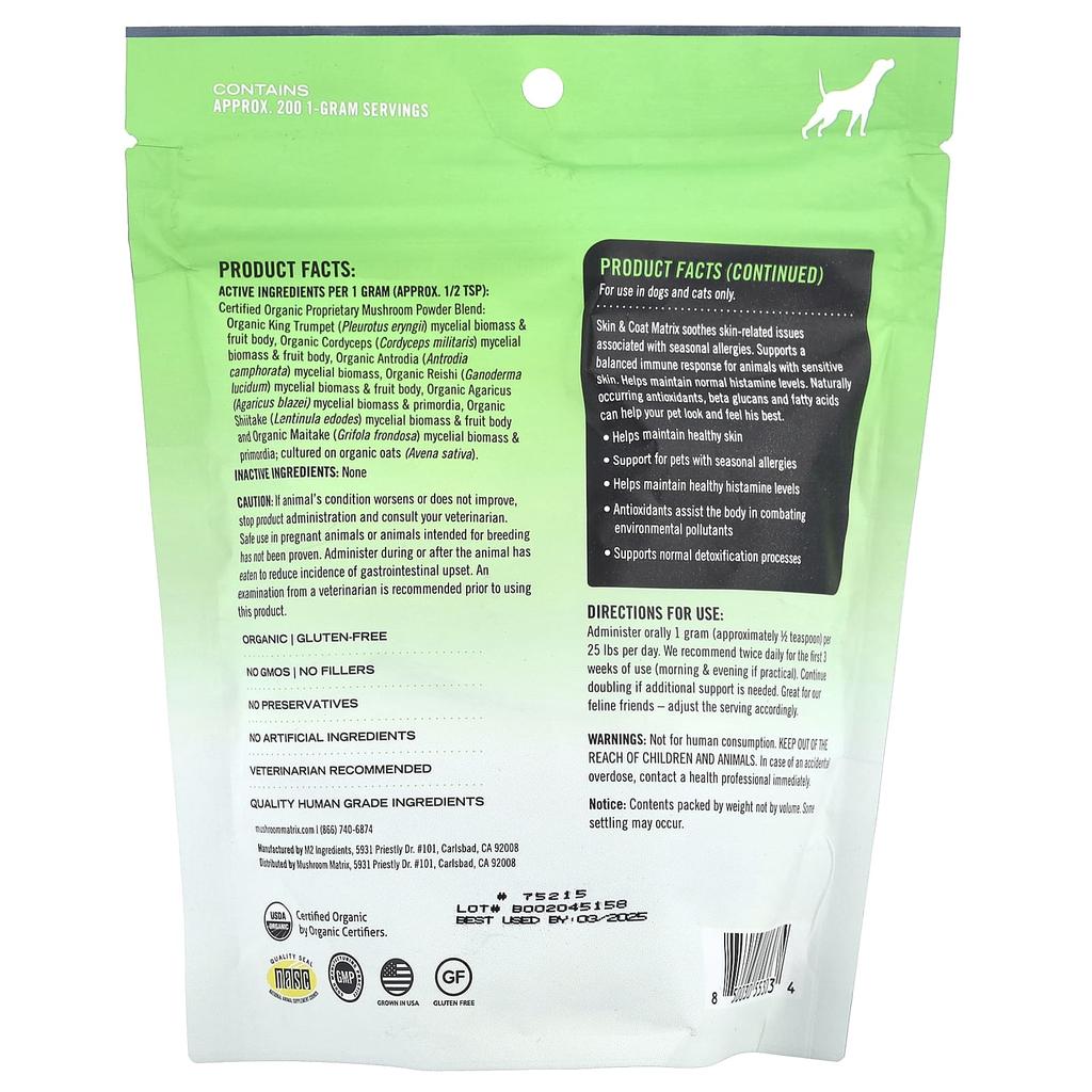 Certified Organic Mushroom Powder, Skin & Coat, Cat, 200G (7.1Oz)