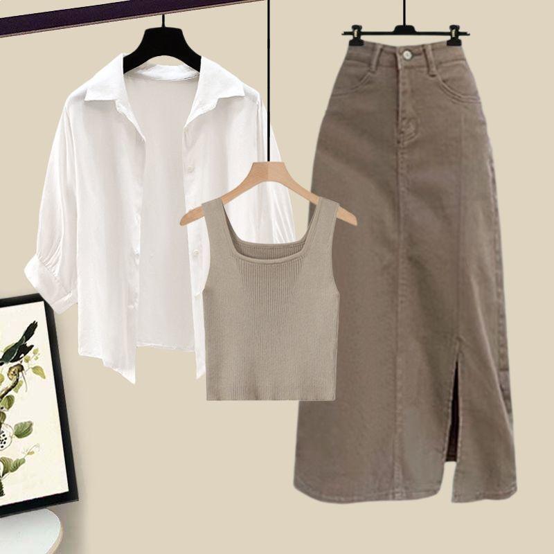 2026 Women s Elegant Autumn Three-Piece Set: Sun Protection Shirt, Versatile Vest, Slimming Skirt Khaki Vest [Single Piece]