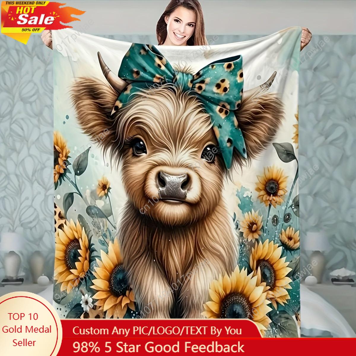 Cozy Modern Highland Cow Sunflower Throw Blanket - Soft Digital Print Flannel Fleece, All-Season Versatile Bedding, Lightweigh 75X95CM